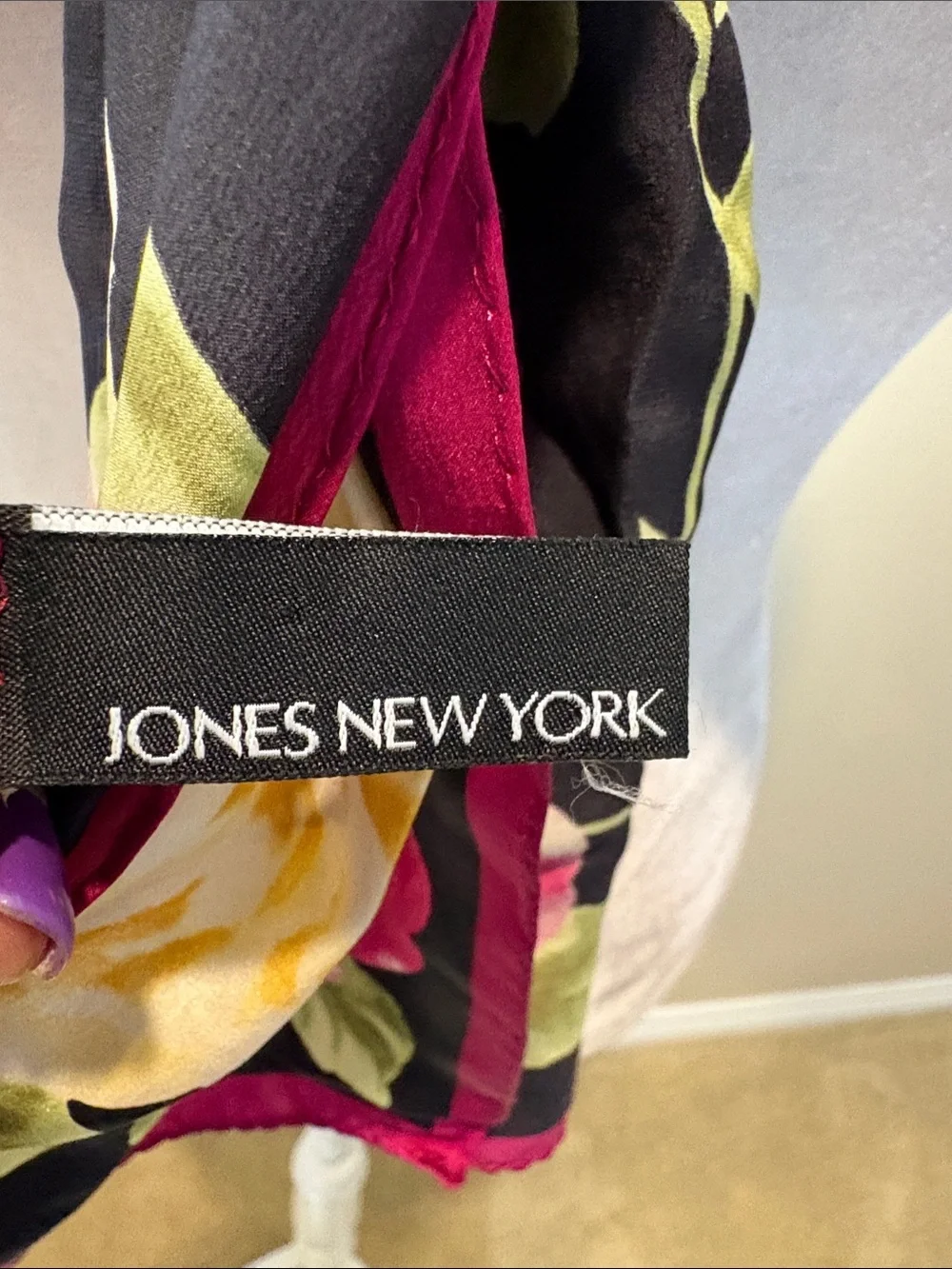 Jones New York Black Floral Silk Scarf with Pink Trim